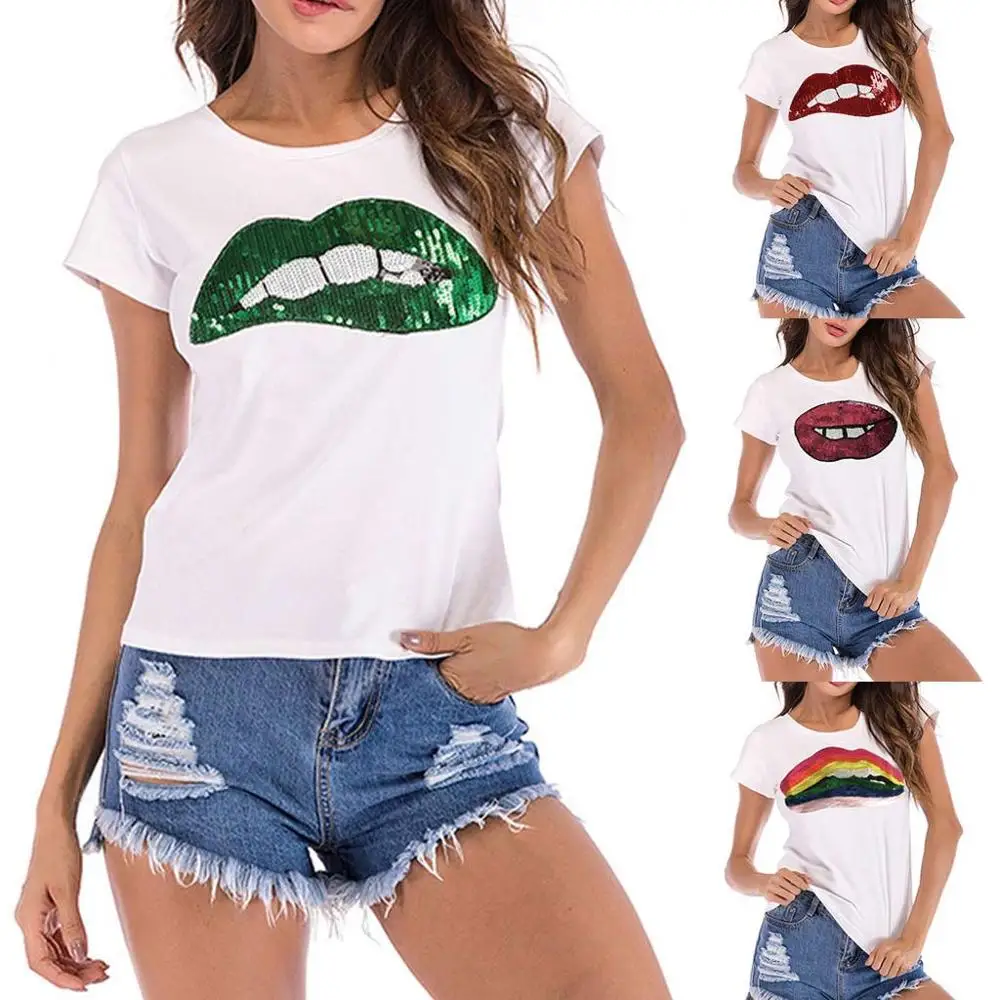 

Women Summer Solid Color Short Sleeve Sequins Lips White Casual T Shirt 2019