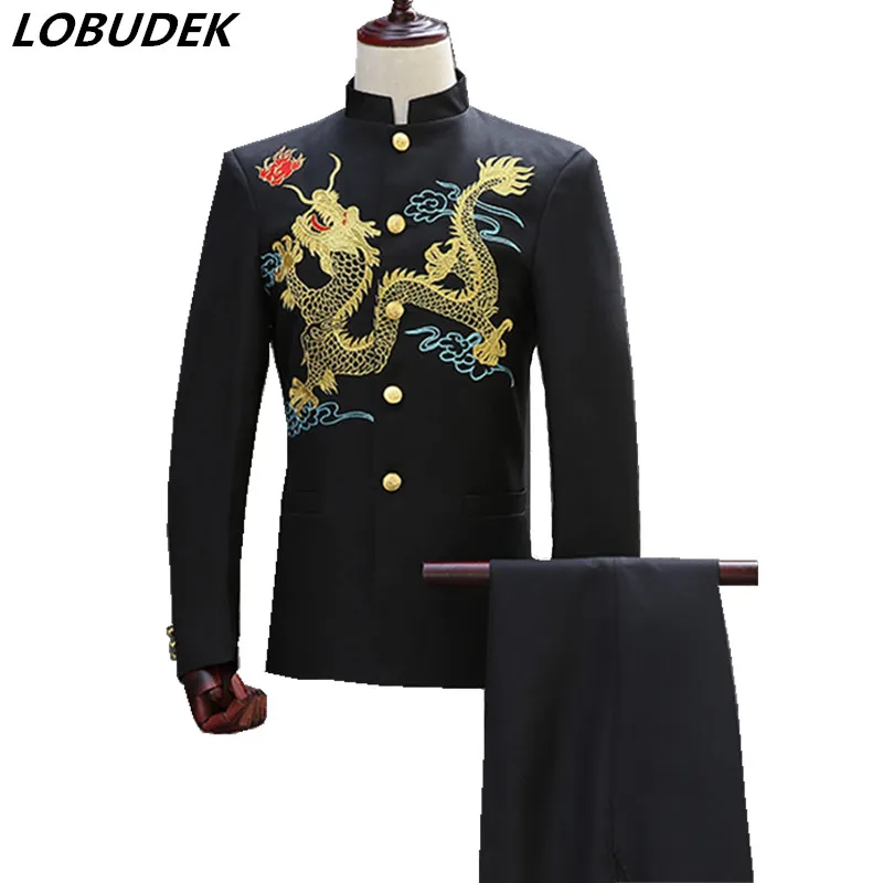 (jacket+pants) Men suits Chinese style Costume Studio black white embroidered tunic youth dress suit Male Wedding groom clothing (jacket+pants) Men suits Chinese style Costume Studio black white embroidered tunic youth dress suit Male Wedding groom clothing