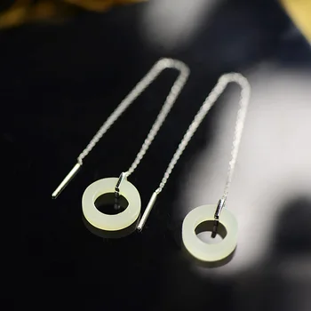 

925 Silver Jewelry Natural Stone Jade Circle Earrings For Women Long Ear Line Christmas Jewelry Bijoux Femme