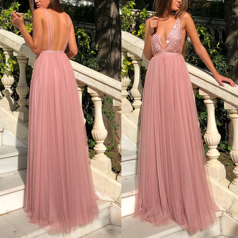 

Sleeveless Dress Gown Sling Backless Large Swing Chiffon Perspective Elegant