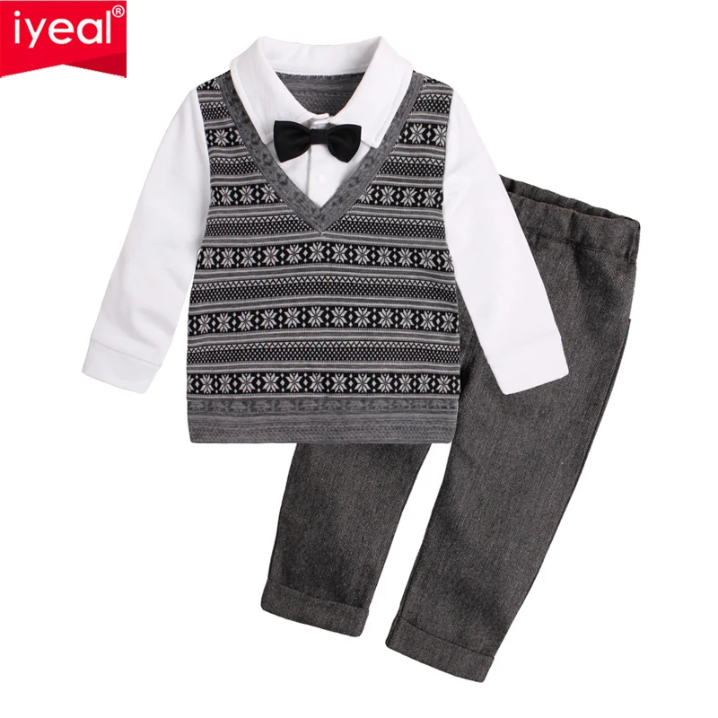 

IYEAL Autumn Fashion Infant Clothing Baby Suit Children Boys Clothes Gentleman Bow Tie Fake Two Pieces Jacket + Pants Kids Set