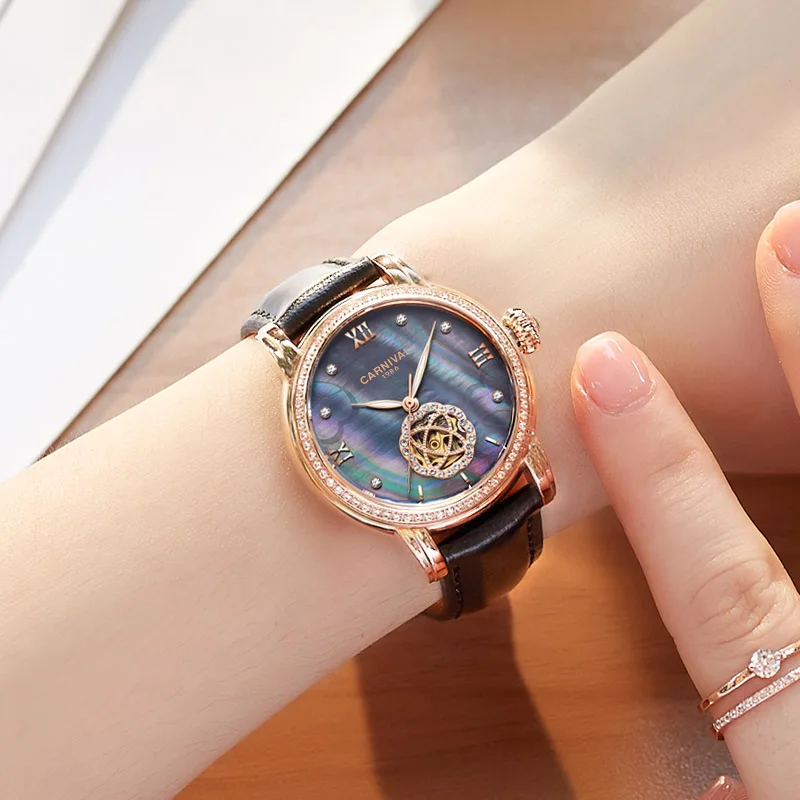 

2017 New CARNIVAL Skeleton Mechanical Movement Rose Golden Dial Automatic Watch Wristwatch For Women With Black Leather Strap