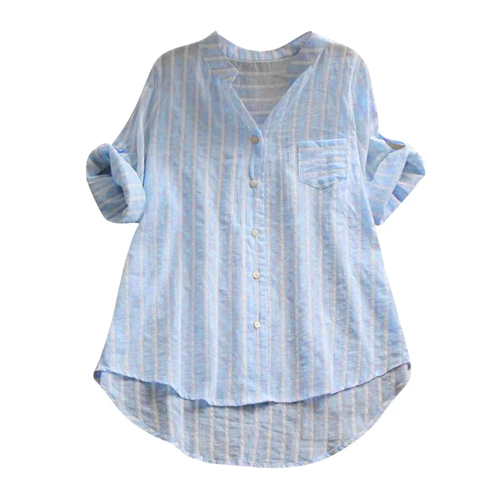 

womens tops and blouses Cotton Line Striped Three Quarter Sleeve Shirt Casual Loose Blouse Button Tops blusas roupa feminina L3