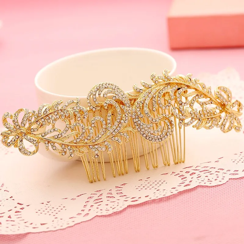

Large Rhinestone Wedding Bridal Gold Hair Comb Vintage Bridemaids Prom Crystal Head Jewelry Combs Feather Bride Hair Accessories
