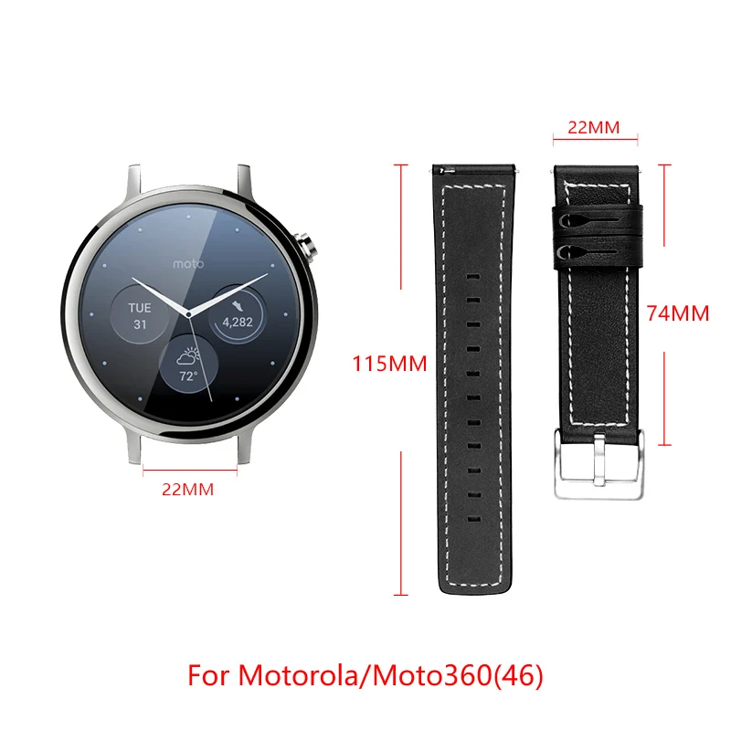 

22mm leather strap for Moto360 (46) smart watch Simple style Moto360 watch Silverreplacement strap Silver buckle