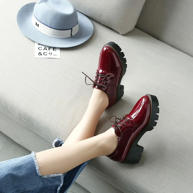 New Patent Leather Square Heel Women Pumps Casual Lace-Up Women Oxford Shoes Fashion High Heels Shoes Woman Platform Women Shoes (17)