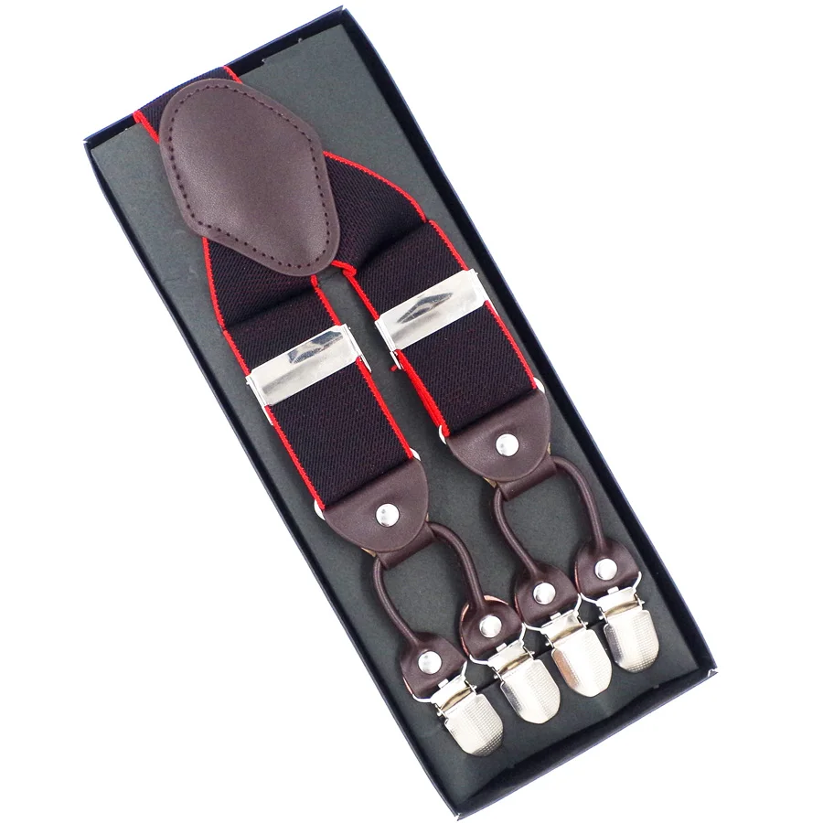 Man's Suspenders Leather 6 clips Braces Male Vintage Casual Suspensorio Tirantes Trousers Strap Father/Husband's Gift 3.5*120cm - Color: Black