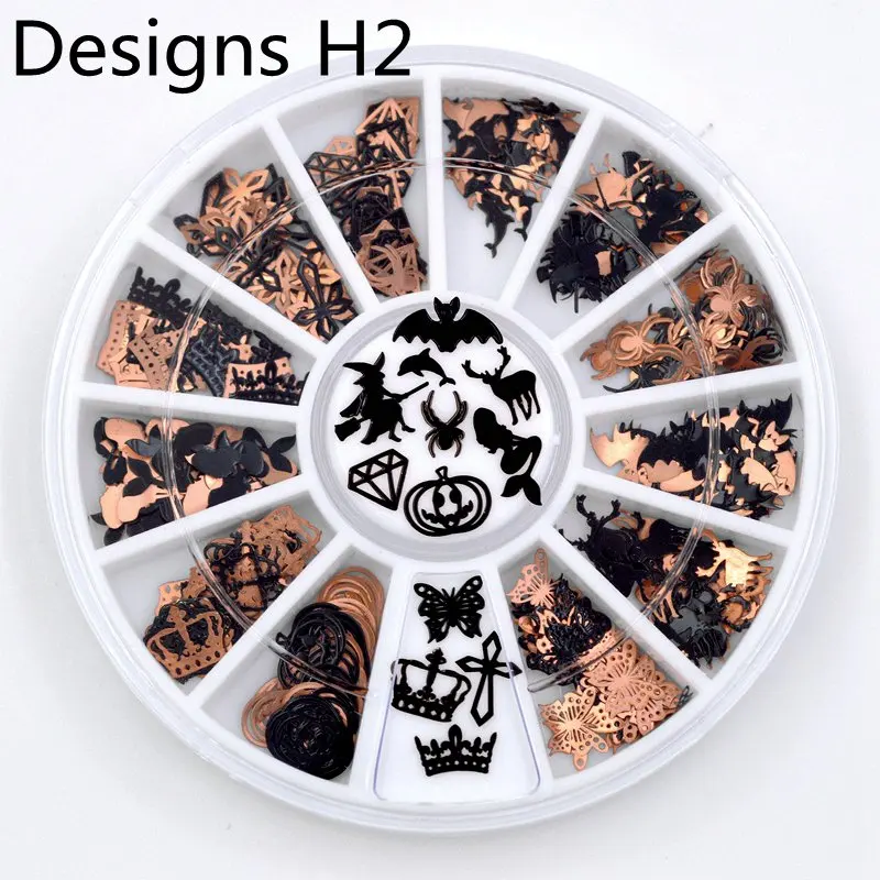 12 форм 3D металлические рождественские украшения ногтей ломтик черные наклейки для ногтей, переводная картинка из фольги колеса новые - Цвет: H2