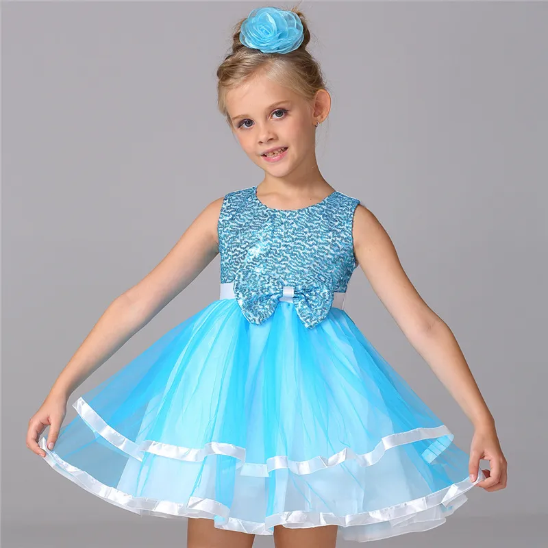 2017 Little Girls Dresses Kids Blue Princess Dress Girls Sequin Clothes