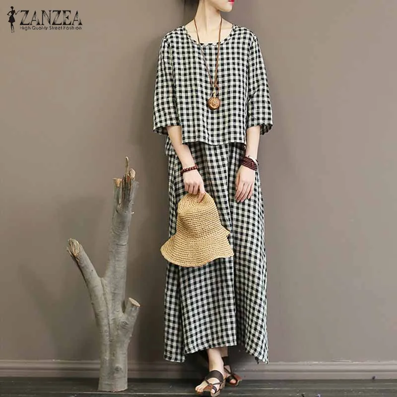 

2019 ZANZEA Summer Women Long Maxi Dress 3/4 Sleeve Vintage Check Plaid Dresses Split Beach Sundress Plus Size Tunic S-5XL