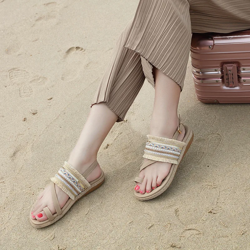 

2019 National Women's Sandals Bohemia Fringe Large Size 42 Comfortable Flat-soled Sandals Lady Beach Shoe Flip Flop Solid Color