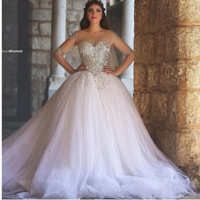 Sparkling Ball Gown White Beaded Rhinestone Wedding Dresses With Sparkling Ball Gown White Beaded Rhinestone Wedding Dresses With Half Sleeves Tulle Bridal Court Train