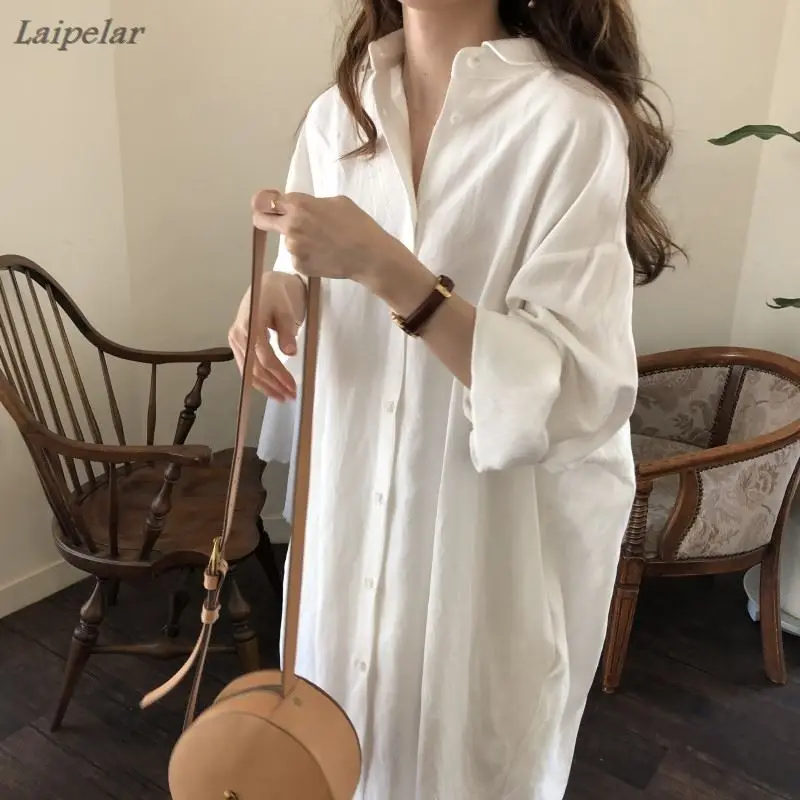 

2018 women's summer loose long shirt dress female solid single breasted plus size long sleeve side split vestidos dresses