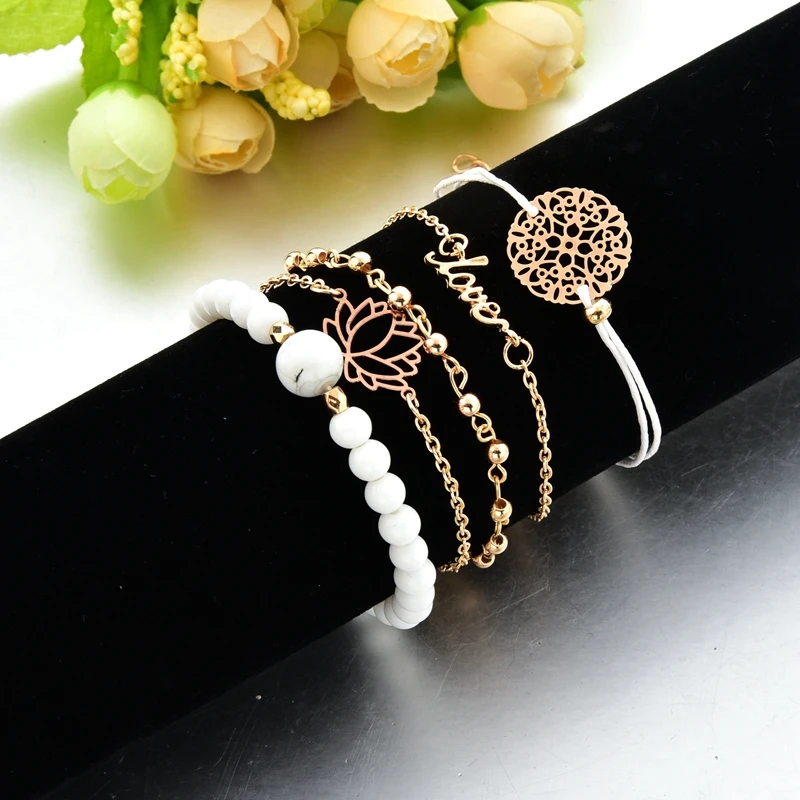Attrtto 5 шт./набор, золотые полые браслеты в форме лотоса для женщин, браслет с кисточками, очаровательные богемные украшения, браслеты дружбы SBR190159