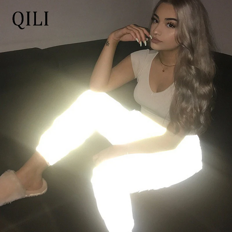 

QILI Women Casual Harem Pants Luminous Reflective Long Pants Elastic Waist Solid Mid Full Length Pants Evening Light Trousers