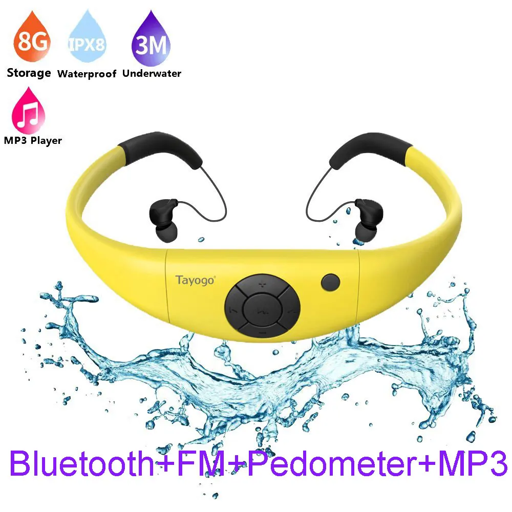 Tayogo IPX8 водонепроницаемый MP3 подводный Спорт Плавание MP3 музыкальный плеер Bluetooth наушники с FM ПЕДО метр для плавания - Цвет: Yellow and bluetooth