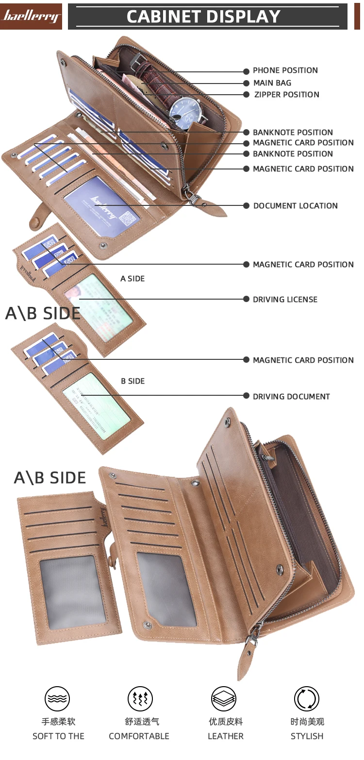 Baellerry, мужские Бизнес Кошельки на молнии с длинной застежкой, клатч из искусственной кожи, винтажные Кошельки для монет, мужские карманные кошельки, держатель для карт