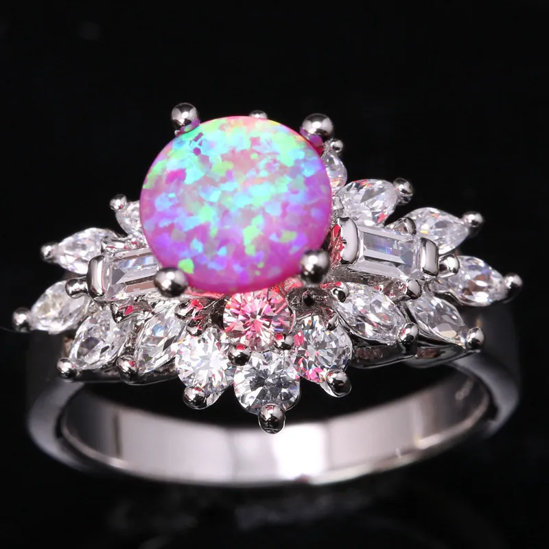 Valuable Pink Fire Opal White 925 Sterling Silver Jewelry Wedding Ring