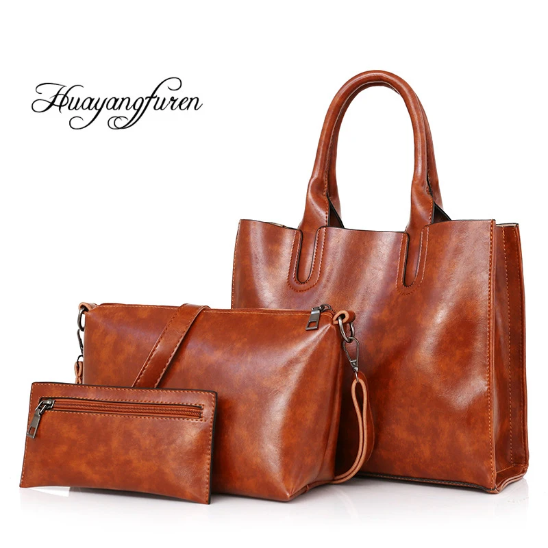 3 Pcs/Set Oil Wax Leather Women Bag Leather Handbags High Quality