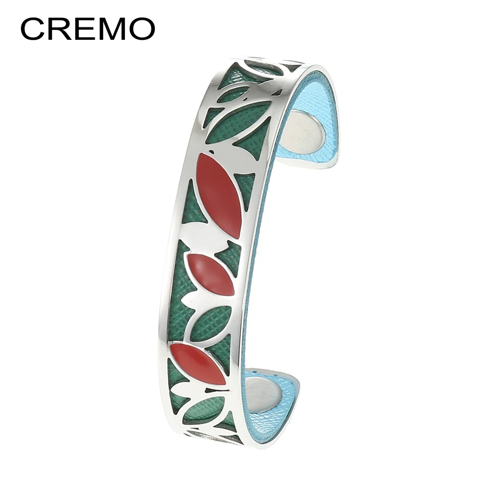 

Cremo Enamel Bangle Femme Red Leaf Bracelet Argent Reversible Interchangeable Manchette Stainless Steel Bracelets Metal Pulseras