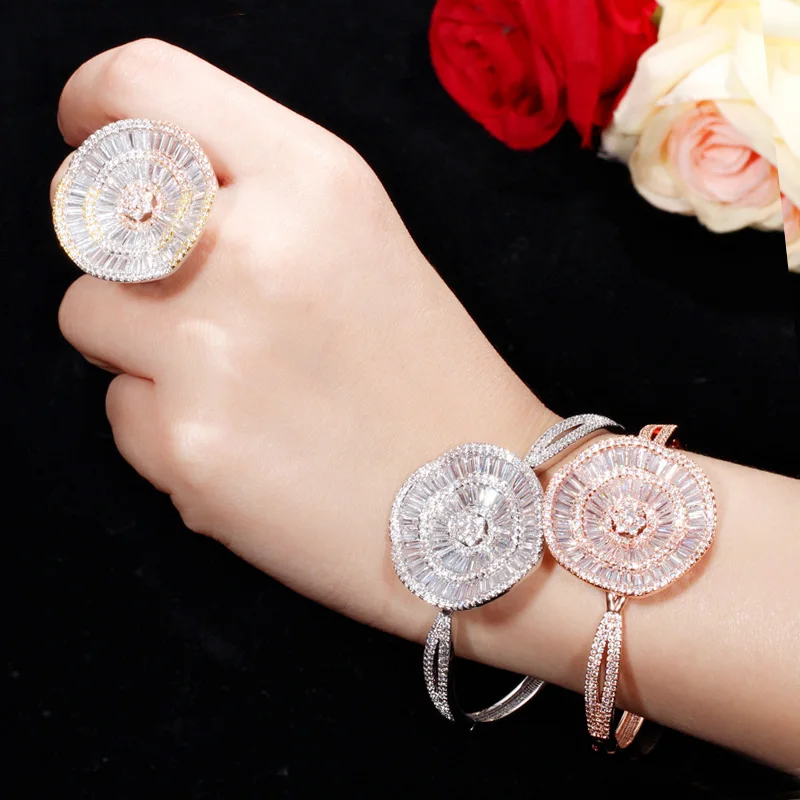 CWWZircons роскошный Дубай розовое золото цвет большой широкий открытый манжета CZ браслет кольцо наборы для женщин Свадебная вечеринка ювелирные аксессуары T336