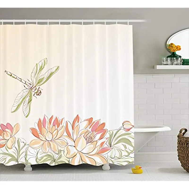 Vixm Dragonfly Shower Curtain Lotus Flower Field with Dragonfly Flying