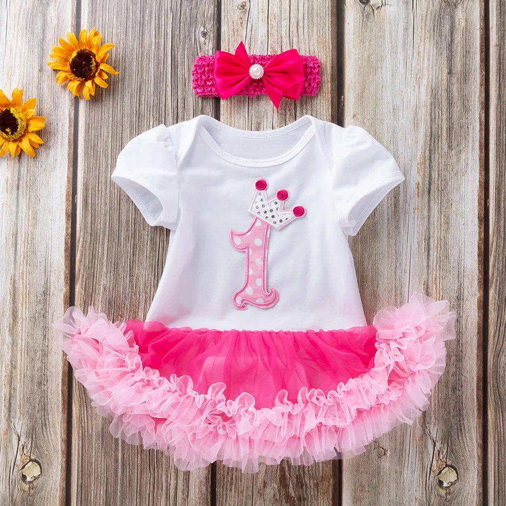 

New Fashion 2019 Spring 1 Set Toddler Baby Girls Short Sleeve Happy Birthday Lace Dress With Bowknot Headband Outfits Set