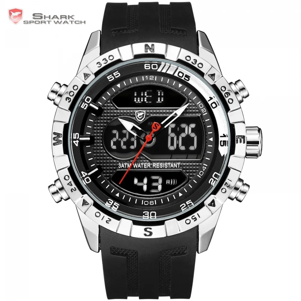 Najtaniej Hooktooth SHARK Sport Watch dla mężczyzn podwójny ruch Chronograph Alarm LCD męski zegar 3ATM wodoodporny czarny stoper SH596