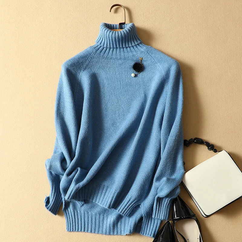 

autumn winter new 2019 women turtleneck sweaters lady solid flower thicken knitted lady elegant pullovers tops