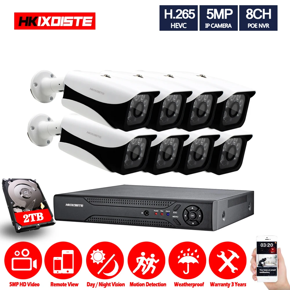 

8CH POE IP Camera CCTV System Set 5.0MP Outdoor Waterproof PoE IP Camera Audio record IR Night Vision Security Surveillance Kits