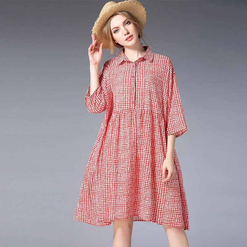 plus size women clothing dresses Pure cotton loose plaid mini dress ...