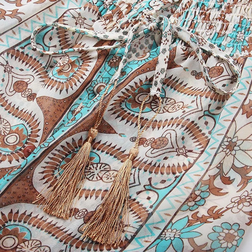 Женское летнее макси платье богемное с принтом узкая талия v-образный вырез шифоновые пляжные платья размера плюс женские вечерние платья