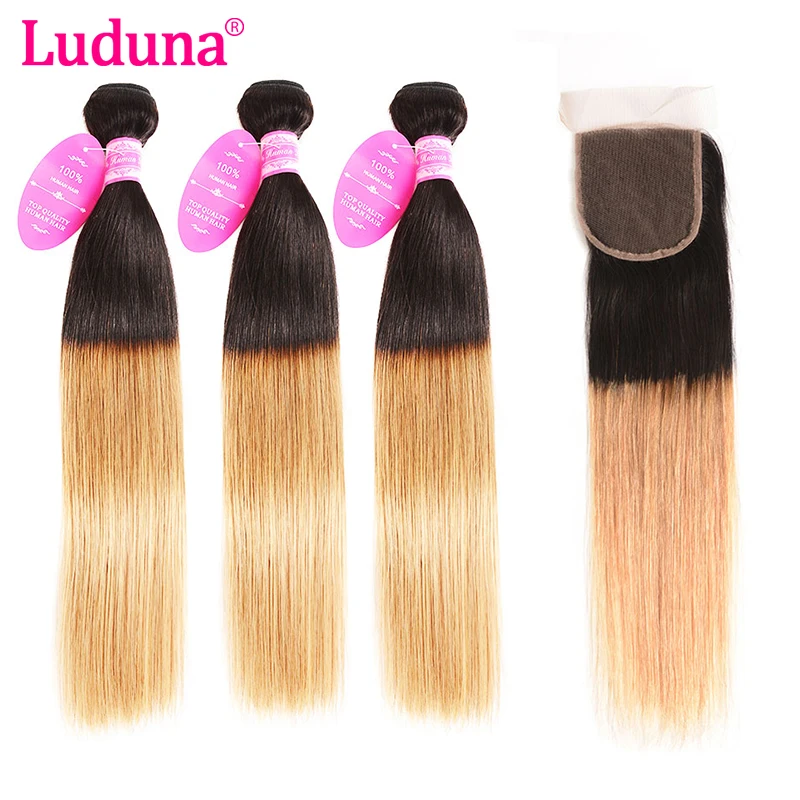 Ombre Blonde 1b/27 Straight Human Hair Bundles With Closure Brazilian Hair Weave Bundles With Closure Non Remy Hair Extensions