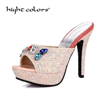 

Rhinestone Sequined Slippers 2018 Summer Fish Head Thin Heel Female Slides Platform Sexy Super High Heels Shoes Big Size 40 43