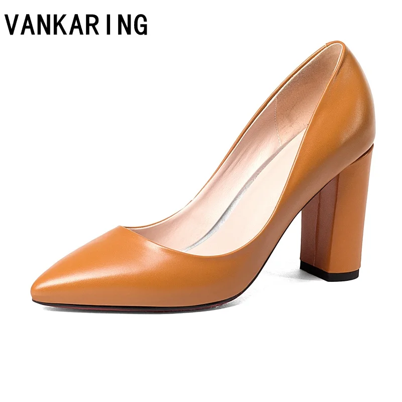 

VANKARING high qulaity genuine leather women pumps high heels ndue pumps sexy pointed toe black shoes woman dress party shoes