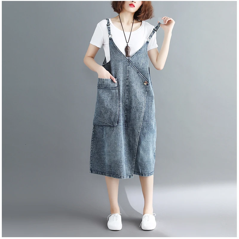 Plus Size Women Jean Dress 2018 Summer New Literary Loose Cotton V neck Spaghetti Strap Big