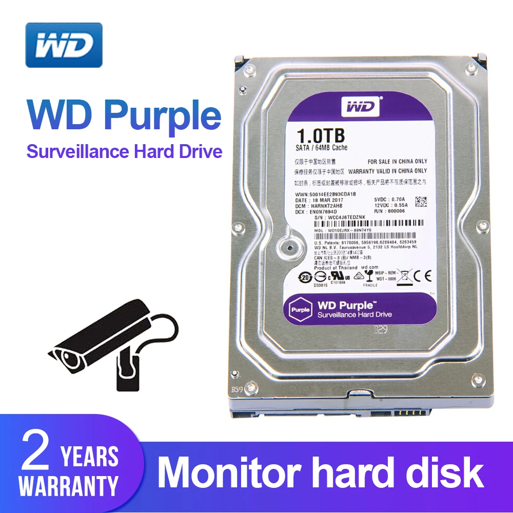 WD Purple 1TB 3.5" Surveillance Hard Drive Disk For Security System
