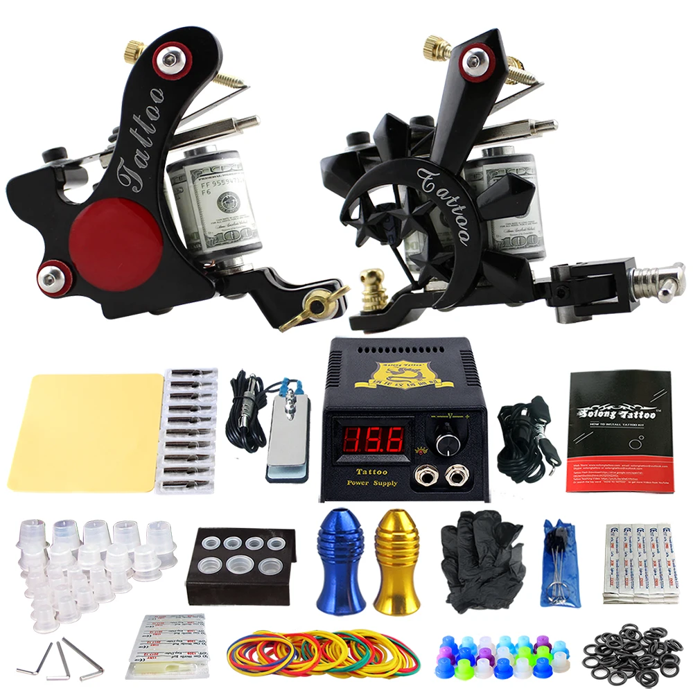 

Pro Complete Tattoo Kit Machine 2 Guns Power Supply Grips Tips Needles TK202-8