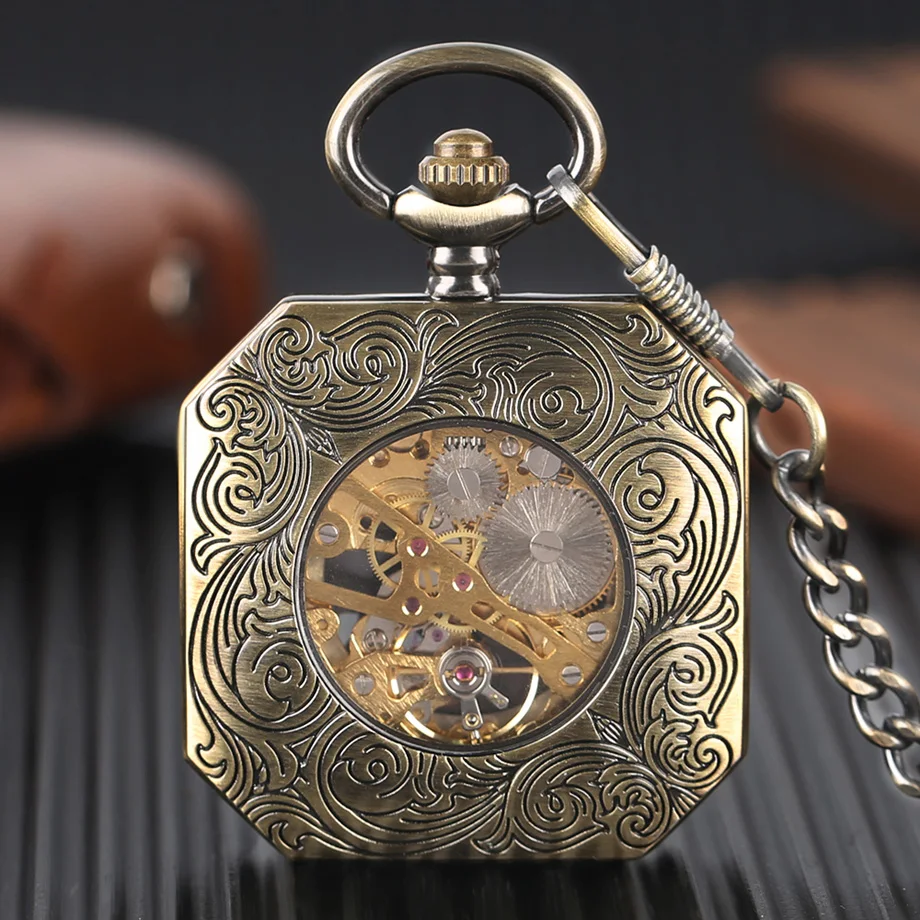 Luxury Bonze Double Tiger Pocket Watch Irregular Red Roman Numbers Mechanical Hand Wind Watches Steampunk Men Unique Clock Gift (2)