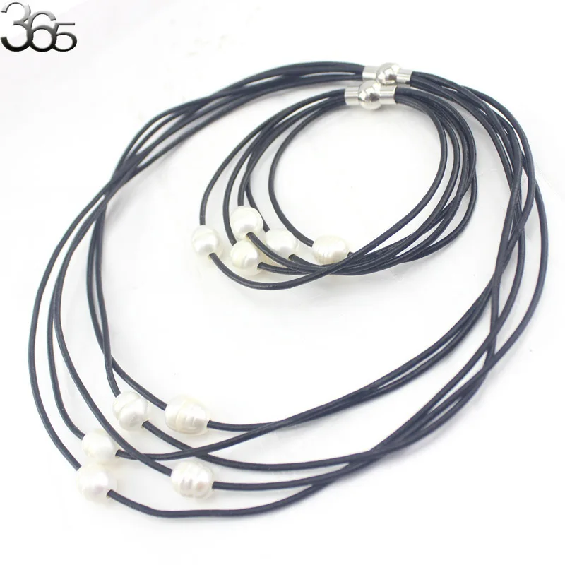 

Free Shipping Gift Packed! Multi-strand 100% Genuine Leather Cord Natural Pearl Necklace Bracelet Jewelry Set 17" 8"