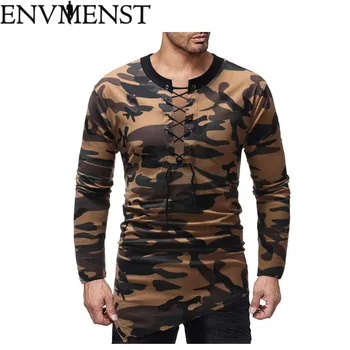 

Envmenst 2018 New Brand Men Casual Tshirt Print Fashion Camouflage Chest Tie Neckline Irregular Hem Long Sleeve T-Shirt