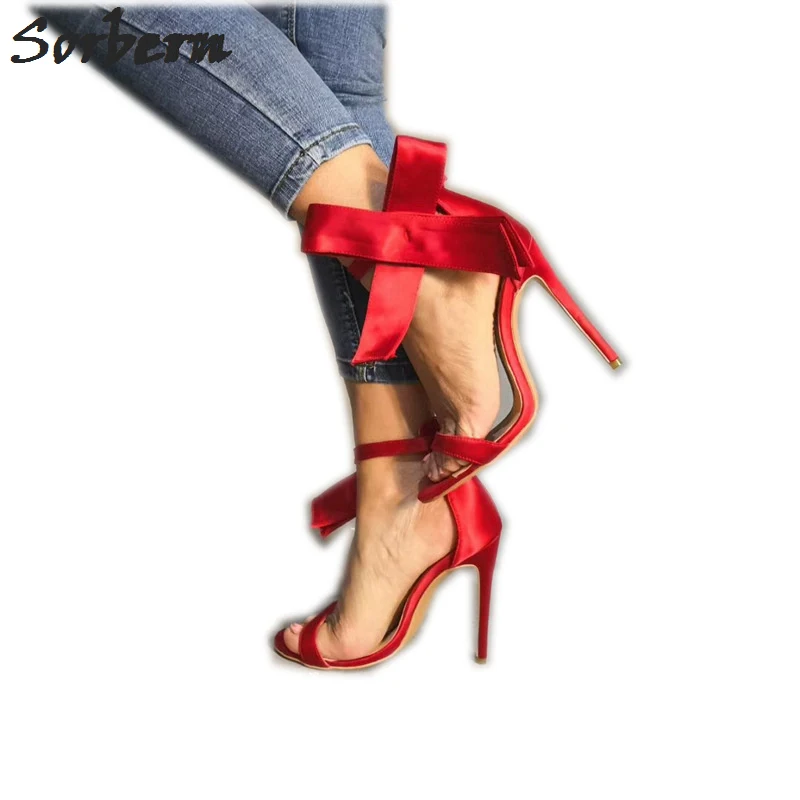 

Sorbern Red Satin Bowknot Women Sandals Slingbacks Summer Style Shoes Bridal Heels Stilettos Plus Size Shoes Super High Heels