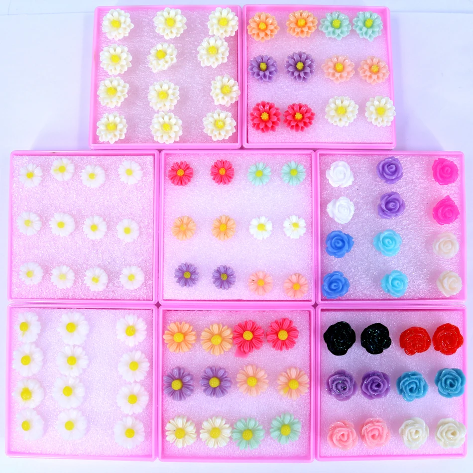 

Factory Hot Selling Korea Design Cheap Resin Plastic Rose Flower Stud Earring Plastic Ear Studs 6pair/box