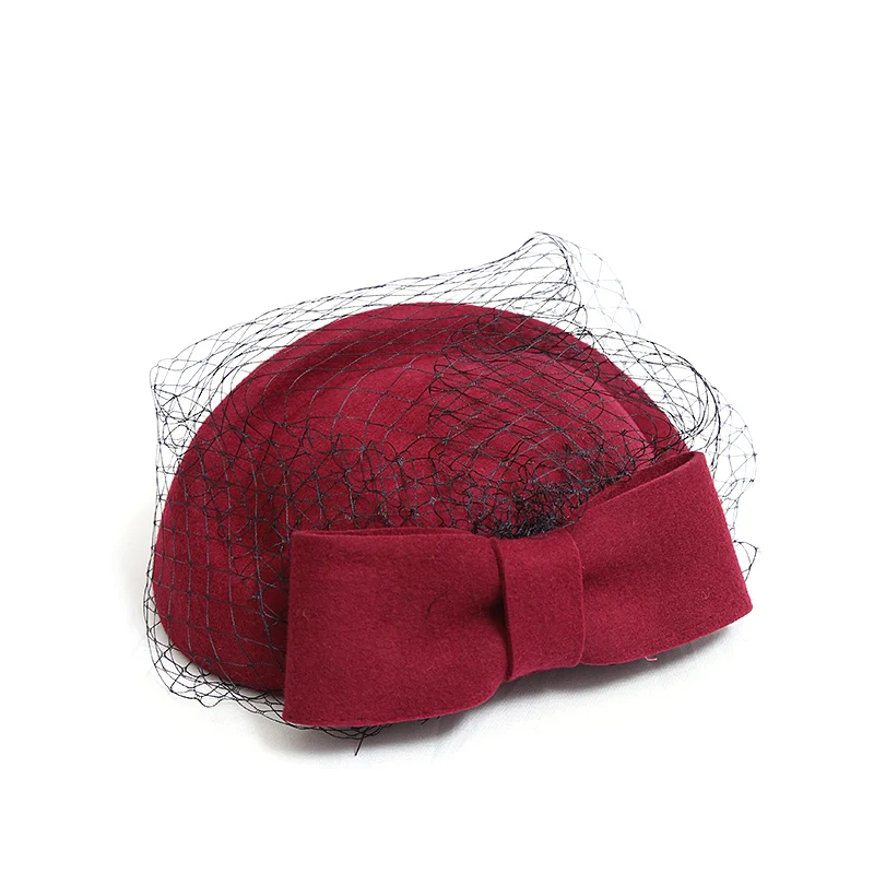 

2019 French Hat Retro Hepburn Mesh Dress Hat British Ladies Party Wedding Dress Bow Headdress Aristocratic Black Wool Fedora Hat