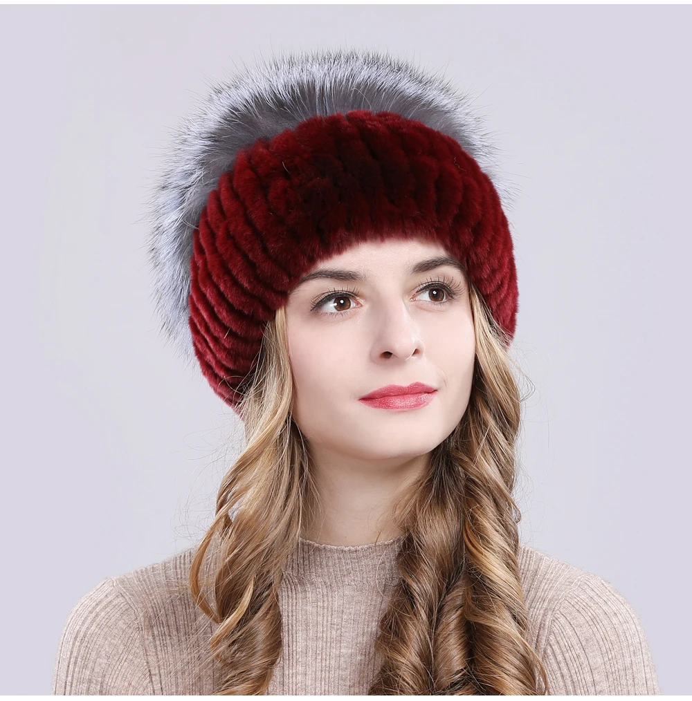 Outdoor Women Warm Soft Genuine Rex Rabbit Fur Hat Knitted Natural Real Sliver Fox Fur Caps Winter Real Rabbit Fur Beanies Hats