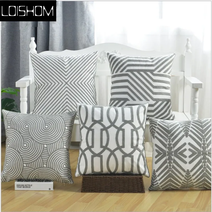 

Home Decor Embroidered Cushion Cover Grey Geometric Canvas Cotton Square Embroidery Pillow Cover 45x45cm Decorative Pillow Cae