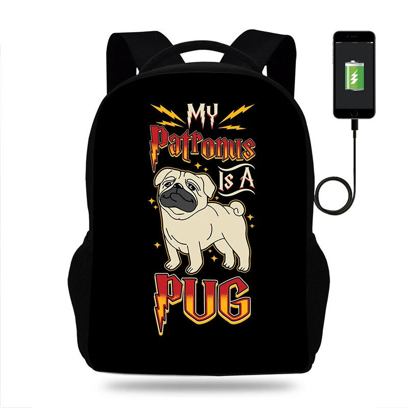 

My Patronus is Pug Print Backpack USB Charge School Bag For Teenage Boys&Girls Large-Capacity Laptop Men Travel Backpack