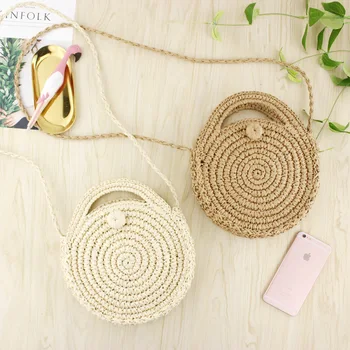 

2020 Fashion Hand Woven Bag Round Rattan Straw Bags Lady Vintage Crossbody Handmade Kintted Shoulder Bags Small Totes