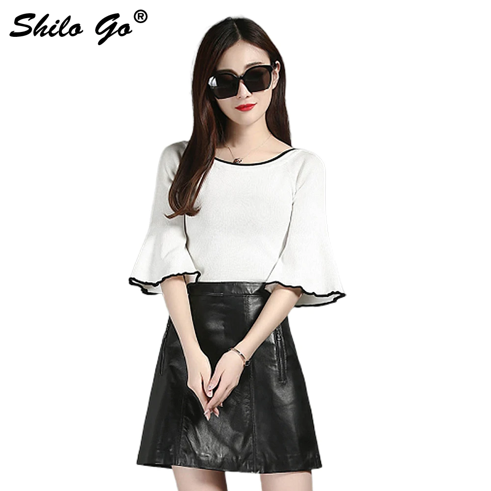 

SHILO GO Leather Skirt Womens Autumn Fashion sheepskin genuine leather Skirt OL concise high waist side zipper pocket A Line
