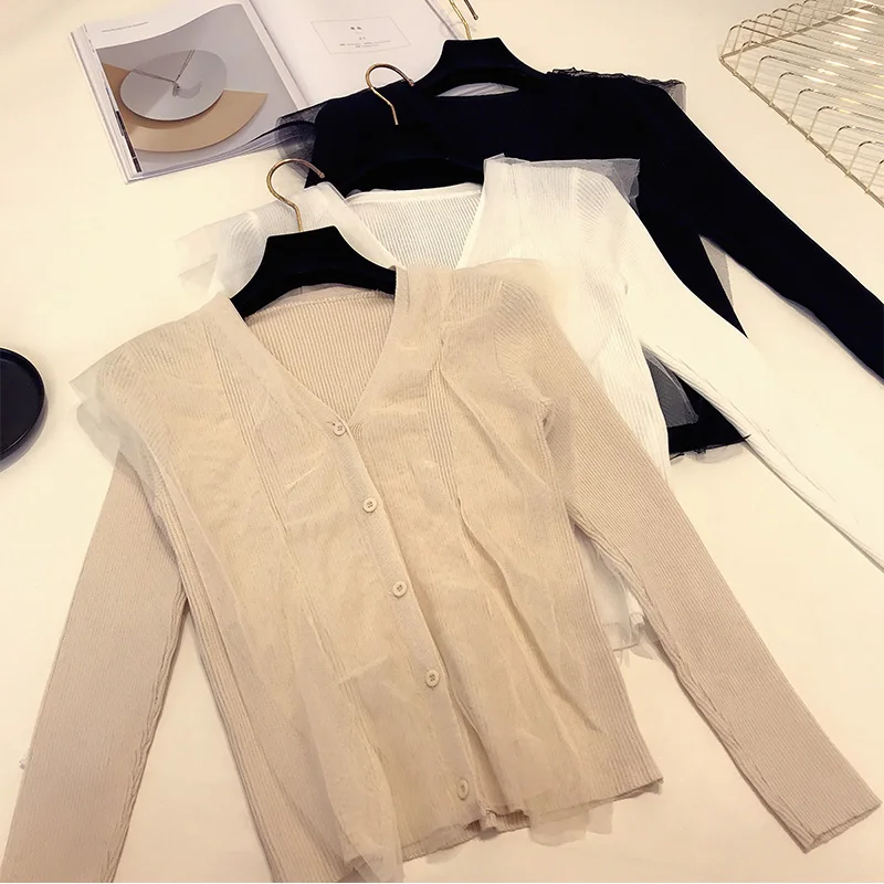 

2018 autumn New Female knit stitching mesh sweaters women's V-neck long sleeve ruffles cardigans Sweater Women elegant Knitwear
